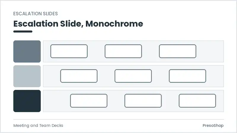 Editable PowerPoint escalation slide template in a monochrome treatment, built from recolourable native shapes for meeting and team decks decks