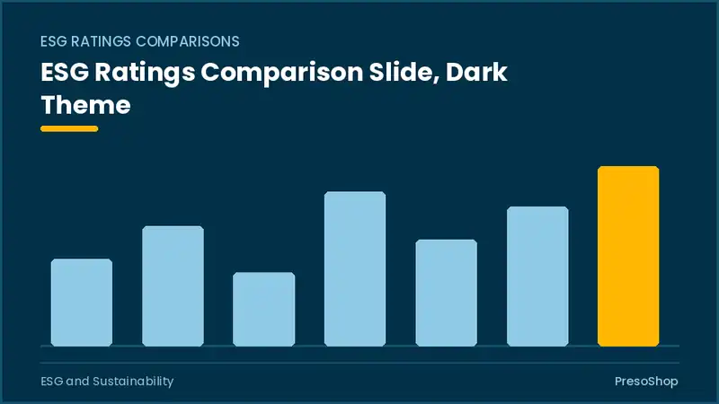 Editable PowerPoint esg ratings comparison slide template in a dark theme, built from recolourable native shapes for esg and sustainability decks
