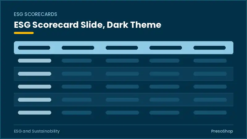 Editable PowerPoint esg scorecard slide template in a dark theme, built from recolourable native shapes for esg and sustainability decks