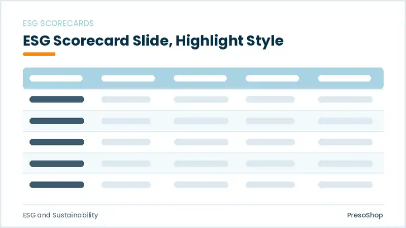Editable PowerPoint esg scorecard slide template with an accented takeaway, built from recolourable native shapes for esg and sustainability decks