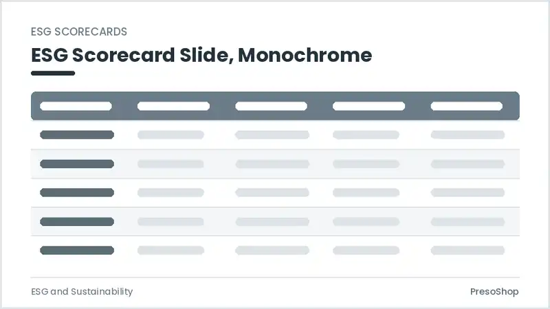 Editable PowerPoint esg scorecard slide template in a monochrome treatment, built from recolourable native shapes for esg and sustainability decks