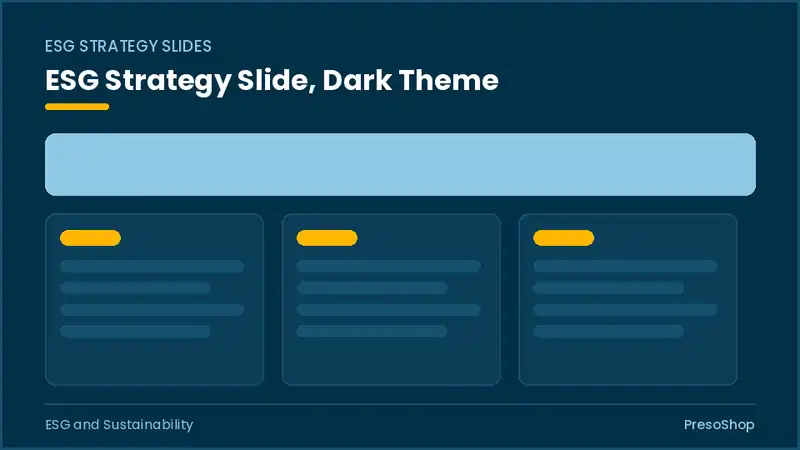 Editable PowerPoint esg strategy slide template in a dark theme, built from recolourable native shapes for esg and sustainability decks