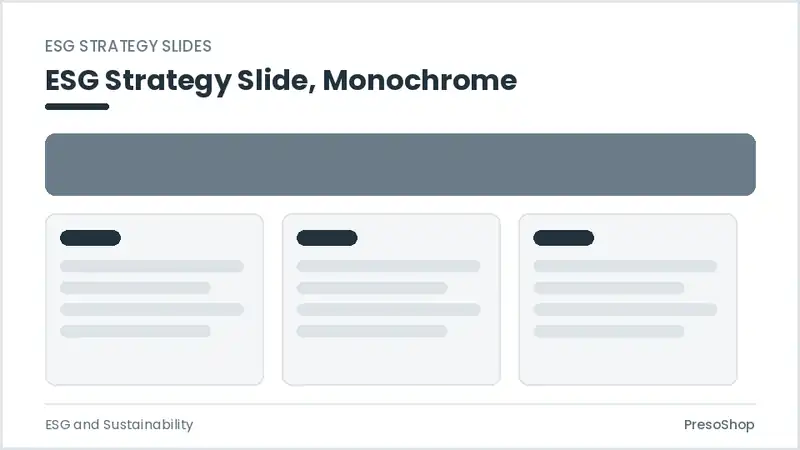 Editable PowerPoint esg strategy slide template in a monochrome treatment, built from recolourable native shapes for esg and sustainability decks
