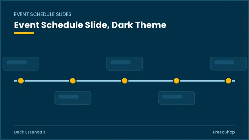 Editable PowerPoint event schedule slide template in a dark theme, built from recolourable native shapes for deck essentials decks