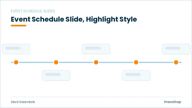 Editable PowerPoint event schedule slide template with an accented takeaway, built from recolourable native shapes for deck essentials decks
