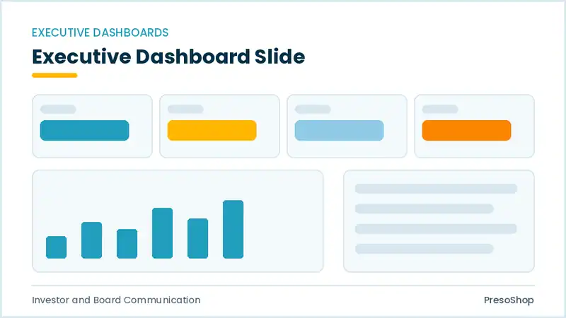 Editable PowerPoint executive dashboard slide template, built from recolourable native shapes for investor and board communication decks