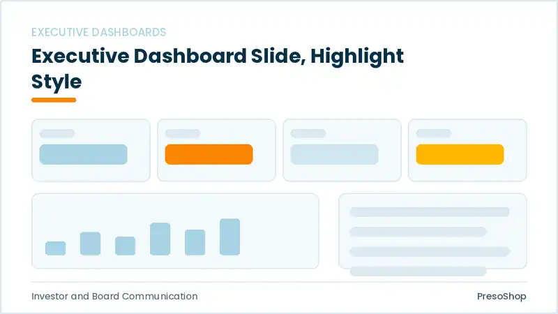 Editable PowerPoint executive dashboard slide template with an accented takeaway, built from recolourable native shapes for investor and board communication decks