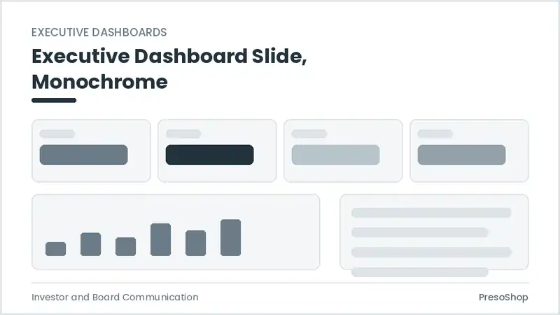 Editable PowerPoint executive dashboard slide template in a monochrome treatment, built from recolourable native shapes for investor and board communication decks