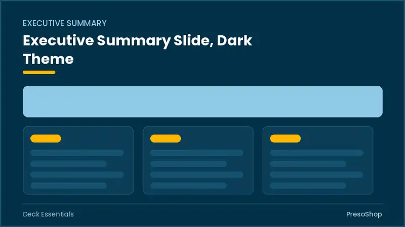 Editable PowerPoint executive summary slide template in a dark theme, built from recolourable native shapes for deck essentials decks