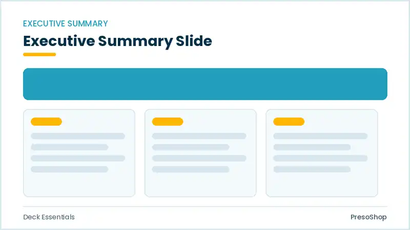 Editable PowerPoint executive summary slide template, built from recolourable native shapes for deck essentials decks