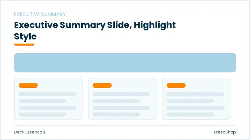 Editable PowerPoint executive summary slide template with an accented takeaway, built from recolourable native shapes for deck essentials decks