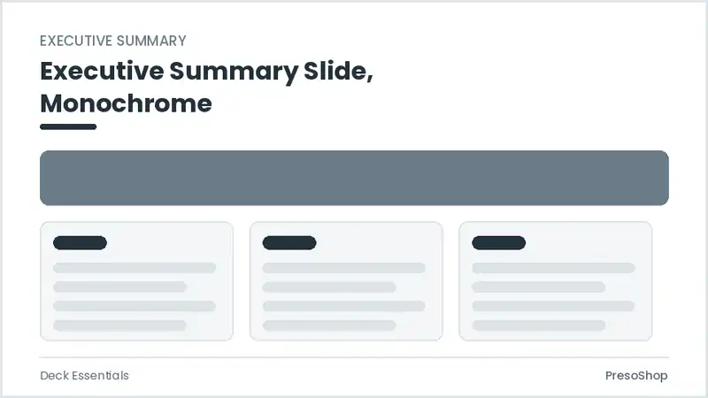 Editable PowerPoint executive summary slide template in a monochrome treatment, built from recolourable native shapes for deck essentials decks