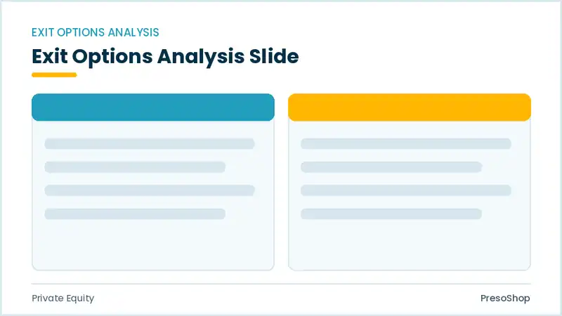Editable PowerPoint exit options analysis slide template, built from recolourable native shapes for private equity decks