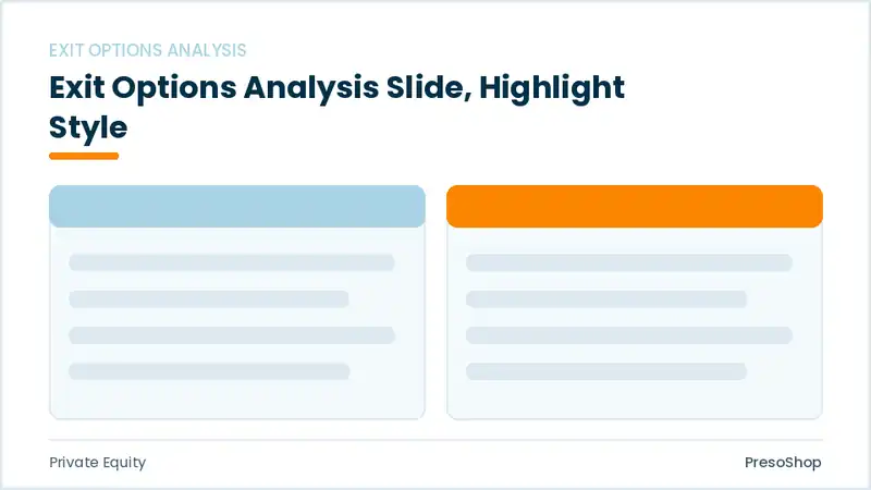 Editable PowerPoint exit options analysis slide template with an accented takeaway, built from recolourable native shapes for private equity decks