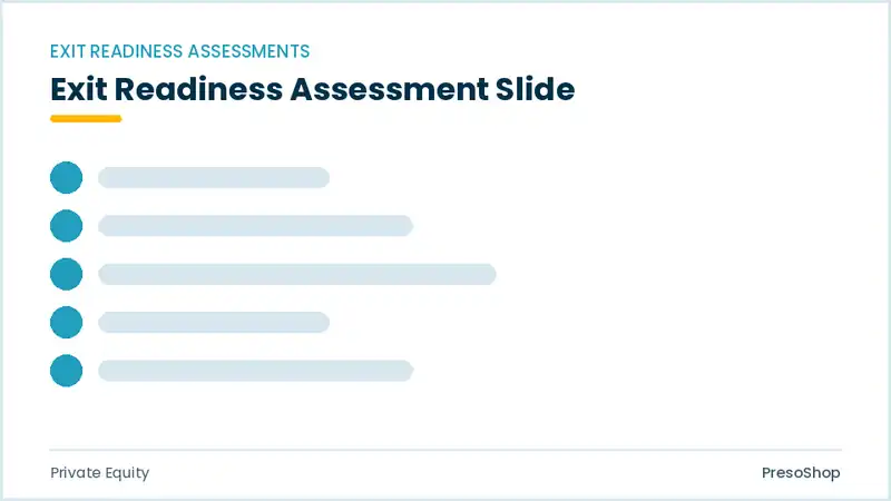 Editable PowerPoint exit readiness assessment slide template, built from recolourable native shapes for private equity decks