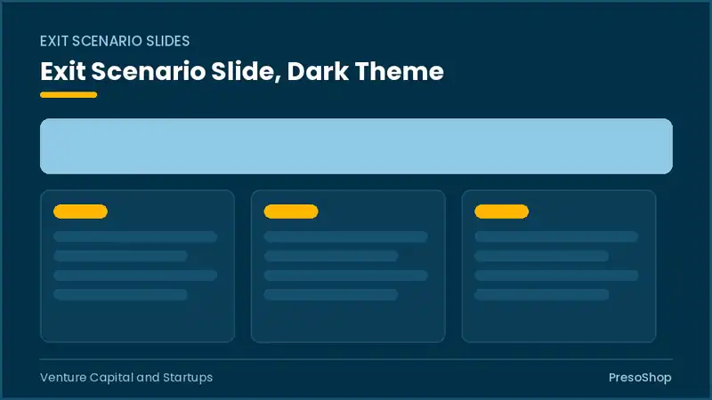 Editable PowerPoint exit scenario slide template in a dark theme, built from recolourable native shapes for venture capital and startups decks