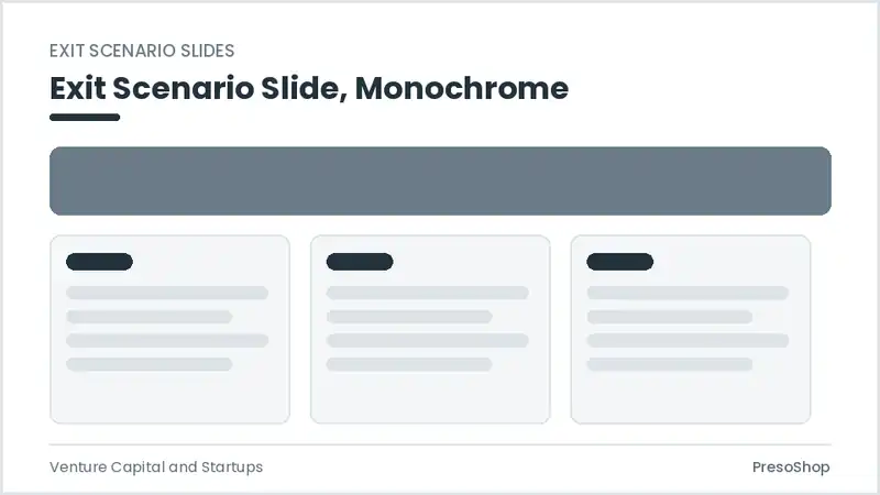 Editable PowerPoint exit scenario slide template in a monochrome treatment, built from recolourable native shapes for venture capital and startups decks