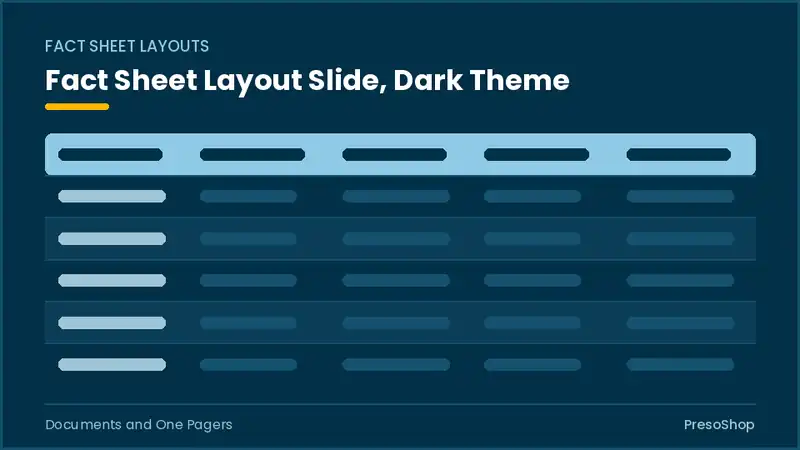 Editable PowerPoint fact sheet layout slide template in a dark theme, built from recolourable native shapes for documents and one pagers decks