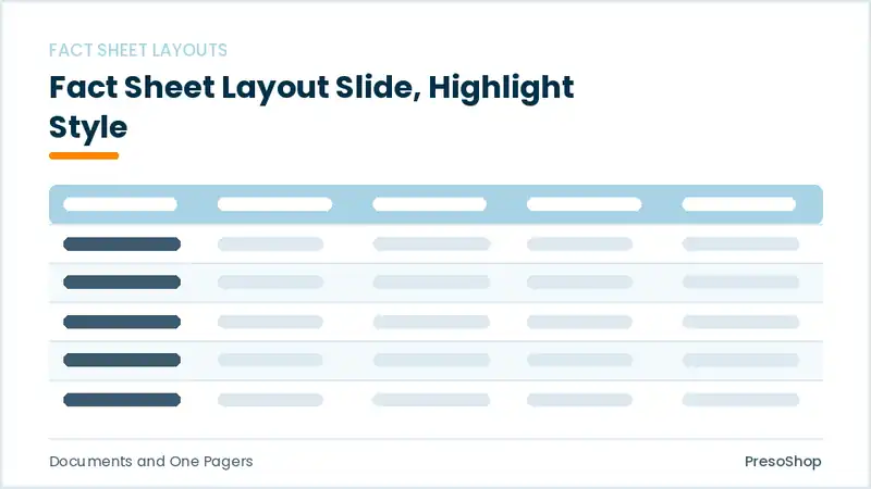 Editable PowerPoint fact sheet layout slide template with an accented takeaway, built from recolourable native shapes for documents and one pagers decks