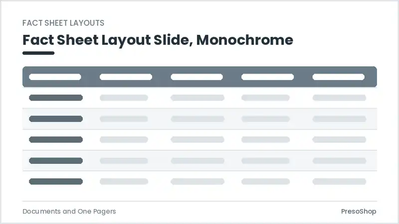 Editable PowerPoint fact sheet layout slide template in a monochrome treatment, built from recolourable native shapes for documents and one pagers decks