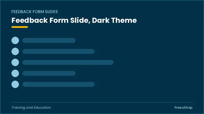 Editable PowerPoint feedback form slide template in a dark theme, built from recolourable native shapes for training and education decks