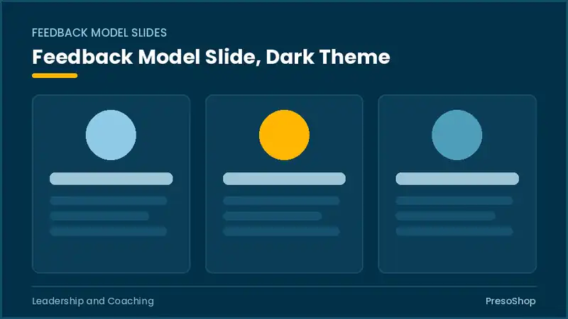 Editable PowerPoint feedback model slide template in a dark theme, built from recolourable native shapes for leadership and coaching decks