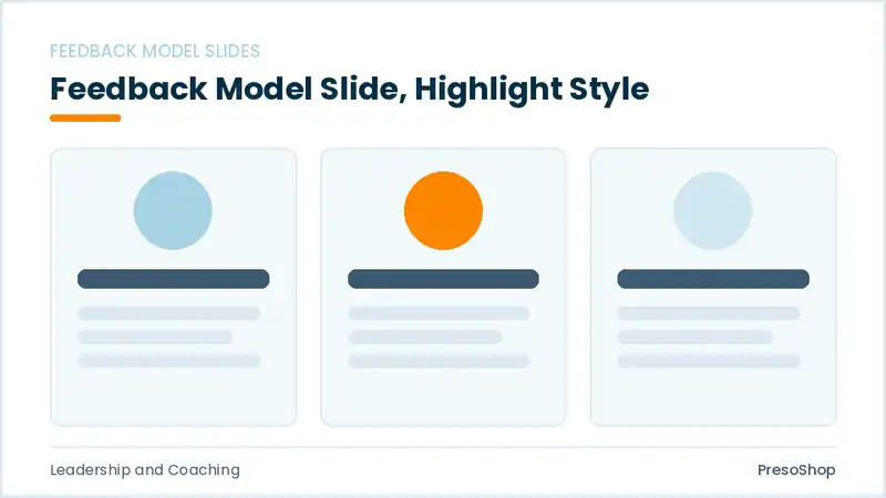 Editable PowerPoint feedback model slide template with an accented takeaway, built from recolourable native shapes for leadership and coaching decks