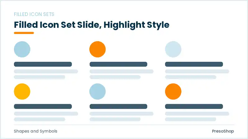 Editable PowerPoint filled icon set slide template with an accented takeaway, built from recolourable native shapes for shapes and symbols decks