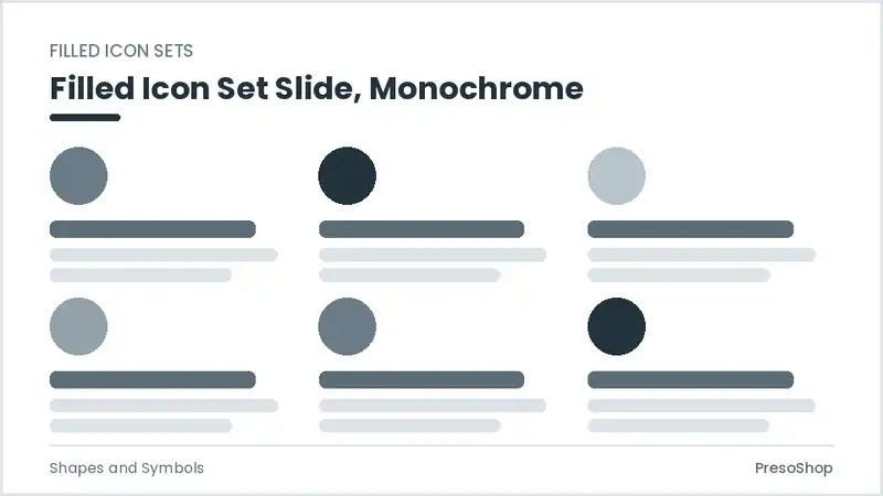 Editable PowerPoint filled icon set slide template in a monochrome treatment, built from recolourable native shapes for shapes and symbols decks