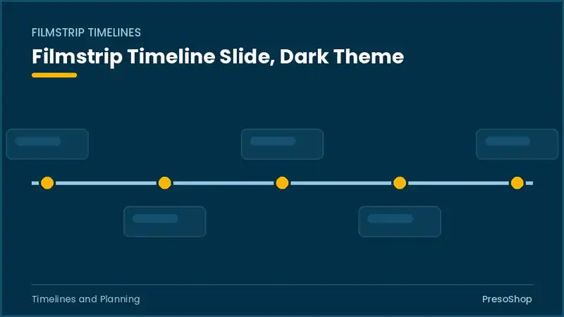 Editable PowerPoint filmstrip timeline slide template in a dark theme, built from recolourable native shapes for timelines and planning decks