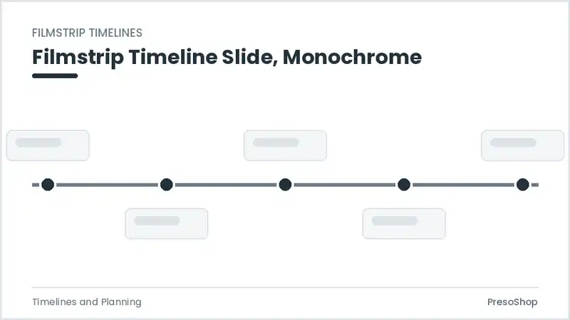 Editable PowerPoint filmstrip timeline slide template in a monochrome treatment, built from recolourable native shapes for timelines and planning decks
