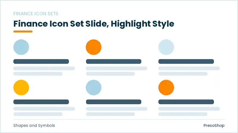 Editable PowerPoint finance icon set slide template with an accented takeaway, built from recolourable native shapes for shapes and symbols decks