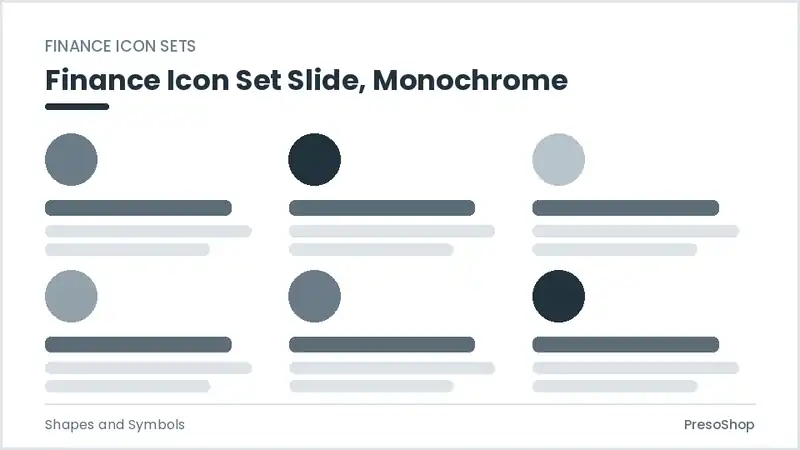 Editable PowerPoint finance icon set slide template in a monochrome treatment, built from recolourable native shapes for shapes and symbols decks