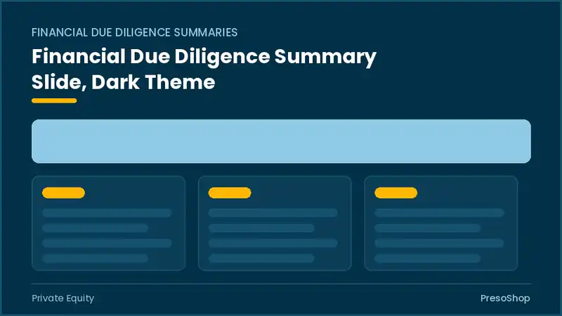Editable PowerPoint financial due diligence summary slide template in a dark theme, built from recolourable native shapes for private equity decks