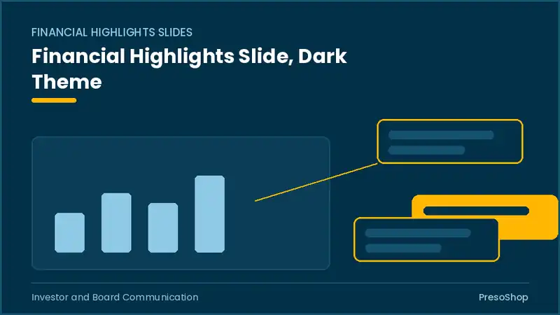 Editable PowerPoint financial highlights slide template in a dark theme, built from recolourable native shapes for investor and board communication decks