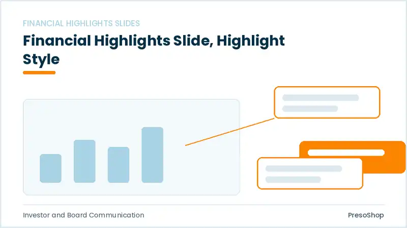 Editable PowerPoint financial highlights slide template with an accented takeaway, built from recolourable native shapes for investor and board communication decks
