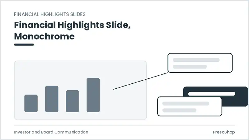 Editable PowerPoint financial highlights slide template in a monochrome treatment, built from recolourable native shapes for investor and board communication decks