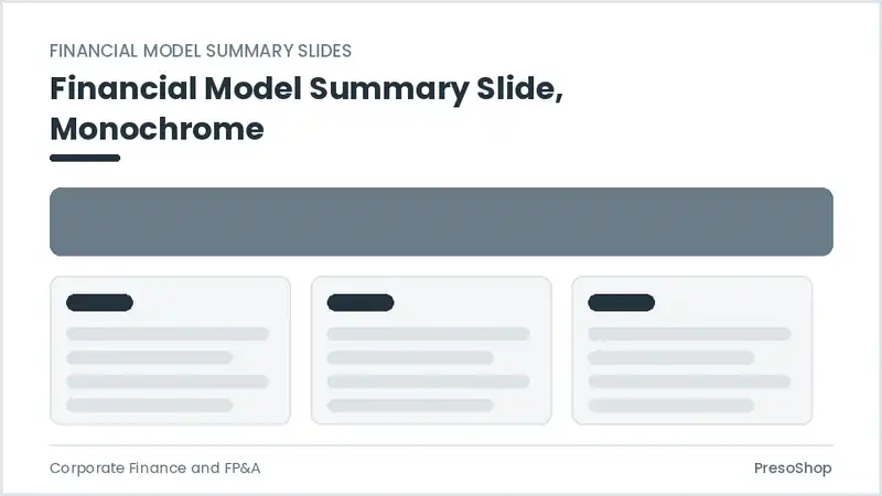 Editable PowerPoint financial model summary slide template in a monochrome treatment, built from recolourable native shapes for corporate finance and fp&a decks