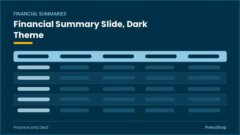 Editable PowerPoint financial summary slide template in a dark theme, built from recolourable native shapes for finance and deal decks