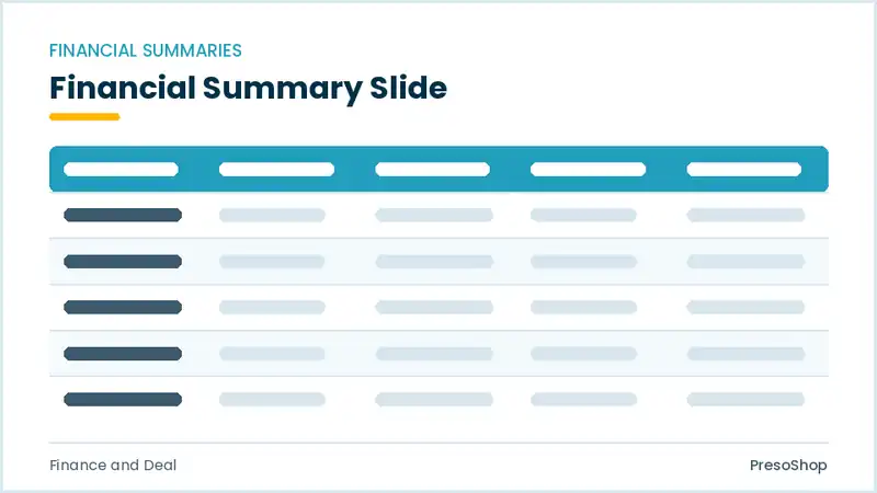 Editable PowerPoint financial summary slide template, built from recolourable native shapes for finance and deal decks
