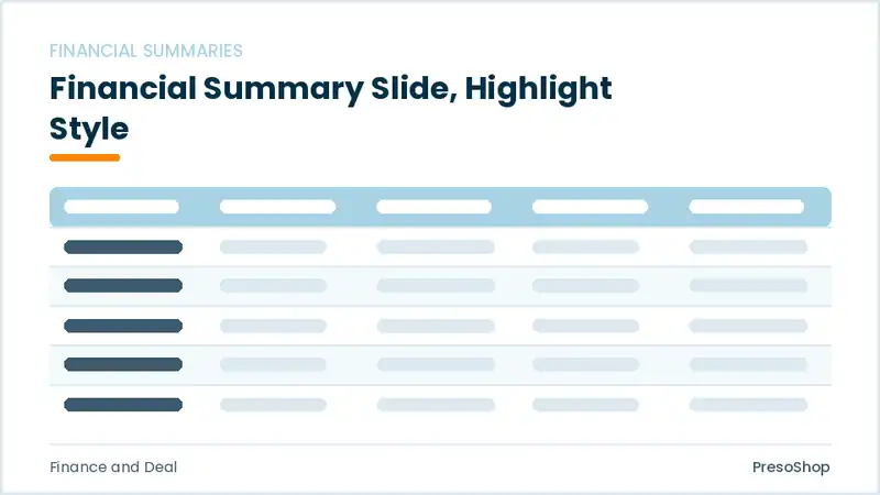 Editable PowerPoint financial summary slide template with an accented takeaway, built from recolourable native shapes for finance and deal decks