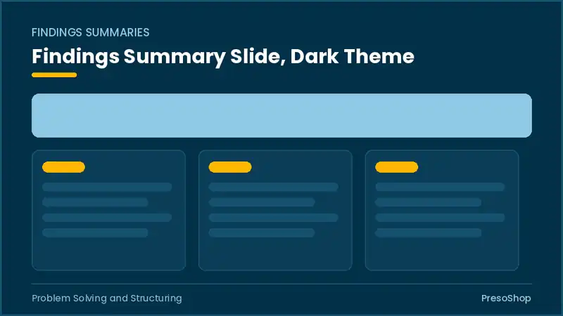 Editable PowerPoint findings summary slide template in a dark theme, built from recolourable native shapes for problem solving and structuring decks