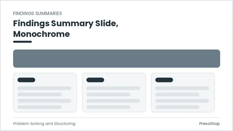 Editable PowerPoint findings summary slide template in a monochrome treatment, built from recolourable native shapes for problem solving and structuring decks