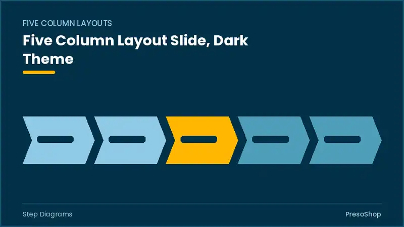 Editable PowerPoint five column layout slide template in a dark theme, built from recolourable native shapes for step diagrams decks