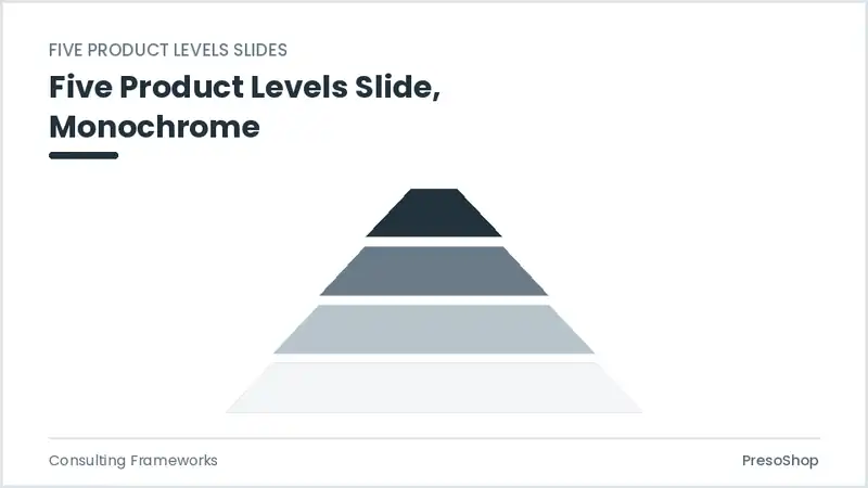 Editable PowerPoint five product levels slide template in a monochrome treatment, built from recolourable native shapes for consulting frameworks decks