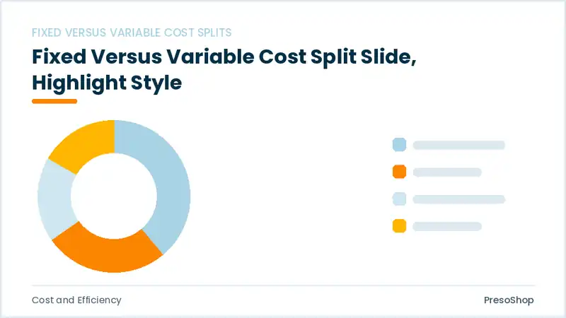 Editable PowerPoint fixed versus variable cost split slide template with an accented takeaway, built from recolourable native shapes for cost and efficiency decks