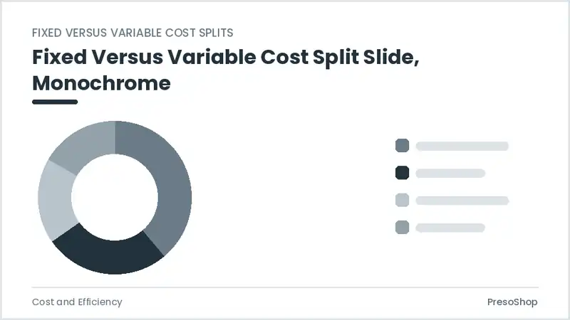 Editable PowerPoint fixed versus variable cost split slide template in a monochrome treatment, built from recolourable native shapes for cost and efficiency decks