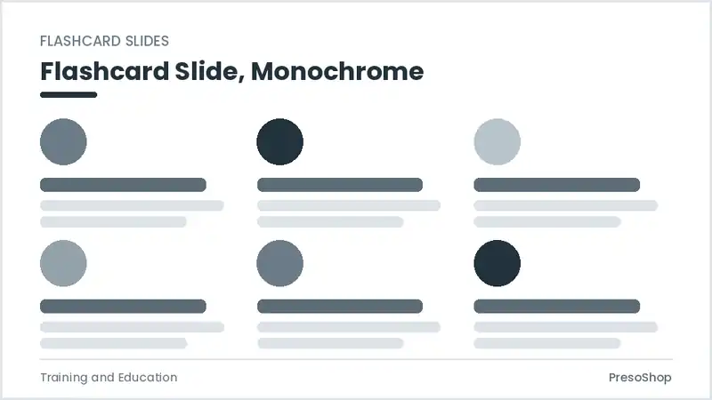 Editable PowerPoint flashcard slide template in a monochrome treatment, built from recolourable native shapes for training and education decks