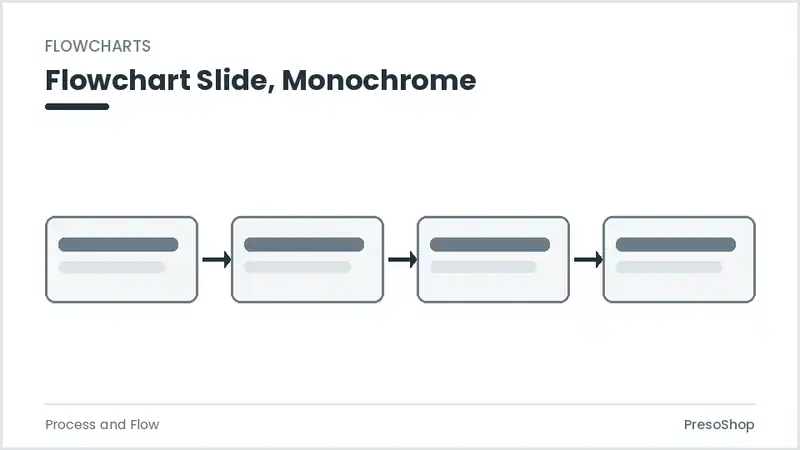 Editable PowerPoint flowchart slide template in a monochrome treatment, built from recolourable native shapes for process and flow decks