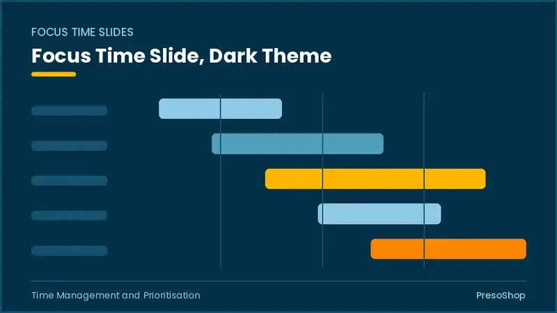 Editable PowerPoint focus time slide template in a dark theme, built from recolourable native shapes for time management and prioritisation decks
